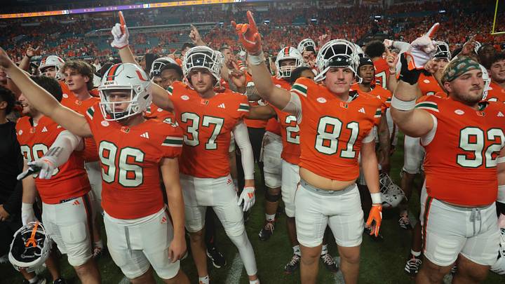 Aug 31, 2025; Miami Gardens, Florida, USA; The Miami Hurricanes react after defeating the Notre Dame Fighting Irish at Hard Rock Stadium. Mandatory Credit: Sam Navarro-Imagn Images