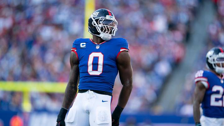 New York Giants linebacker Brian Burns (0) celebrates after breaking up a pass during a week 9 game between New York Giants and San Francisco 49ers at MetLife Stadium on Sunday, Nov. 2, 2025.