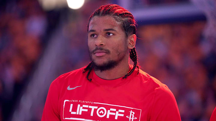May 2, 2025; San Francisco, California, USA; Houston Rockets guard Jalen Green (4) stands on the court against the Golden State Warriors before the start of game six of the first round for the 2025 NBA Playoffs at Chase Center. Mandatory Credit: Cary Edmondson-Imagn Images