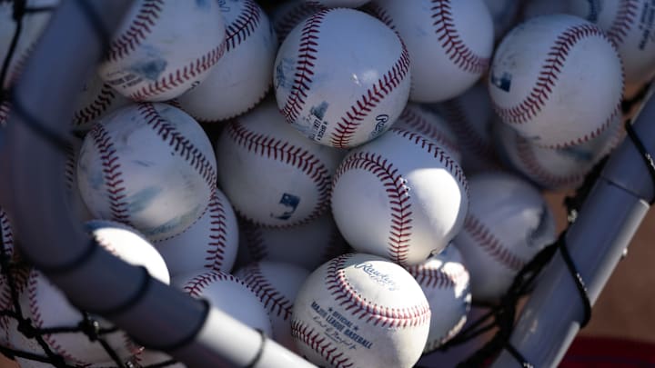 Apr 13, 2026; West Sacramento, California, USA; Baseballs used for batting practice, seen before the Athletics face the Texas Rangers at Sutter Health Park. Mandatory Credit: D. Ross Cameron-Imagn Images