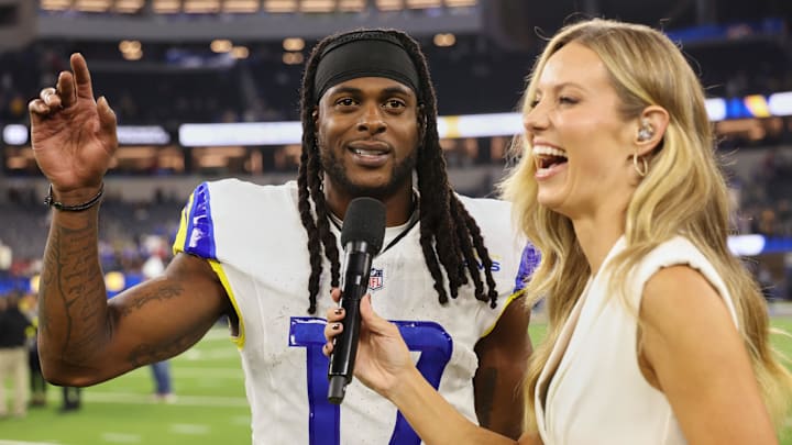 Nov 23, 2025; Inglewood, California, USA; Los Angeles Rams wide receiver Davante Adams (17) stands on the field for an interview after the game against the Tampa Bay Buccaneers at SoFi Stadium. Mandatory Credit: Kiyoshi Mio-Imagn Images