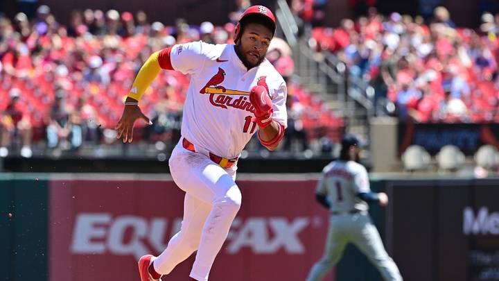 Apr 16, 2025; St. Louis, St. Louis Cardinals outfielder Victor Scott II (11) advances from first to third base off a single by St. Louis Cardinals second baseman Thomas Saggese (25) in the fifth inning against the Houston Astros at Busch Stadium. Mandatory Credit: Tim Vizer-Imagn Images