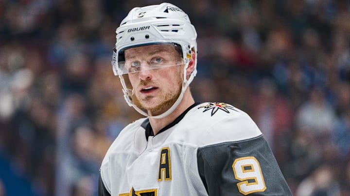 Apr 6, 2025; Vancouver, British Columbia, CAN; Vegas Golden Knights forward Jack Eichel (9) during a stop in play against the Vegas Golden Knights in the third period at Rogers Arena. Mandatory Credit: Bob Frid-Imagn Images