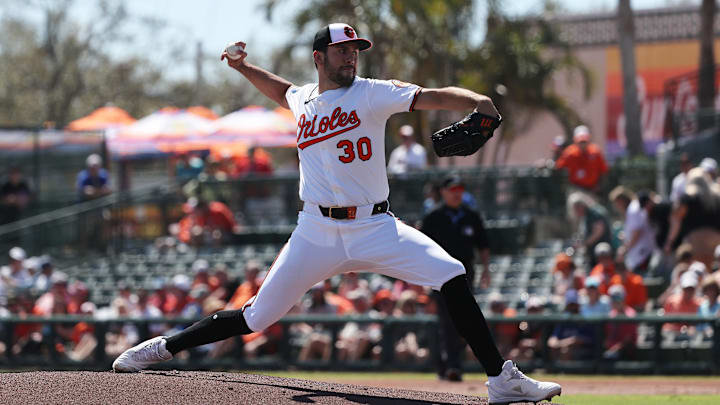 Feb 27, 2025; Sarasota, Florida, USA; Baltimore Orioles starting pitcher Grayson Rodriguez (30) throws a pitch during the first inning against the Toronto Blue Jays  at Ed Smith Stadium. Mandatory Credit: Kim Klement Neitzel-Imagn Images