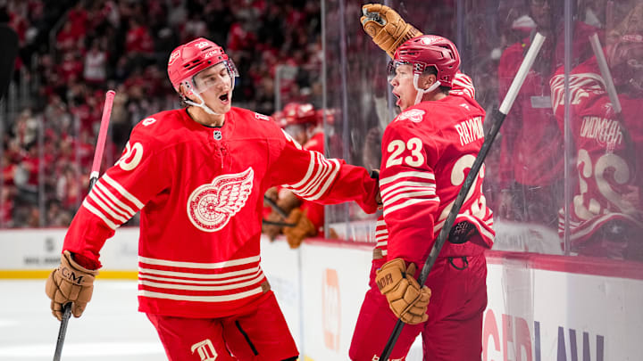 Albert Johansson (left) and Lucas Raymond celebrate as the Detroit Red Wings score against the Toronto Maple Leafs. Albert Johansson (left) and Lucas Raymond celebrate as the Detroit Red Wings score against the Toronto Maple Leafs.