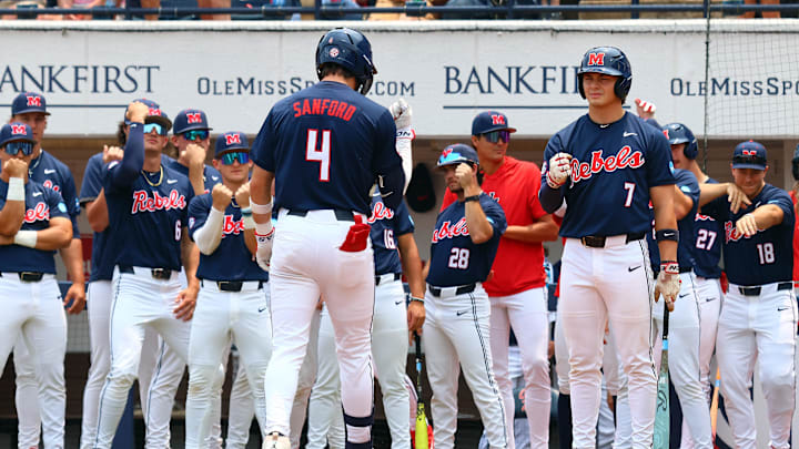 May 31, 2025; Oxford, MS, USA; Mississippi Rebels outfielder Mitchell Sanford (4) reacts after a home run during the first inning against the Western Kentucky Hilltoppers. Mandatory Credit: Petre Thomas-Imagn Images May 31, 2025; Oxford, MS, USA; Mississippi Rebels outfielder Mitchell Sanford (4) reacts after a home run during the first inning against the Western Kentucky Hilltoppers. Mandatory Credit: Petre Thomas-Imagn Images