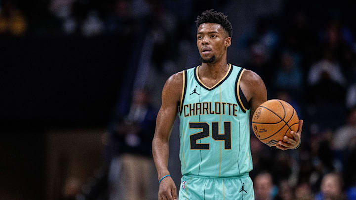 Nov 30, 2024; Charlotte, North Carolina, USA; Charlotte Hornets forward Brandon Miller (24) brings the ball up court against the Atlanta Hawks during the third quarter at Spectrum Center. Mandatory Credit: Scott Kinser-Imagn Images