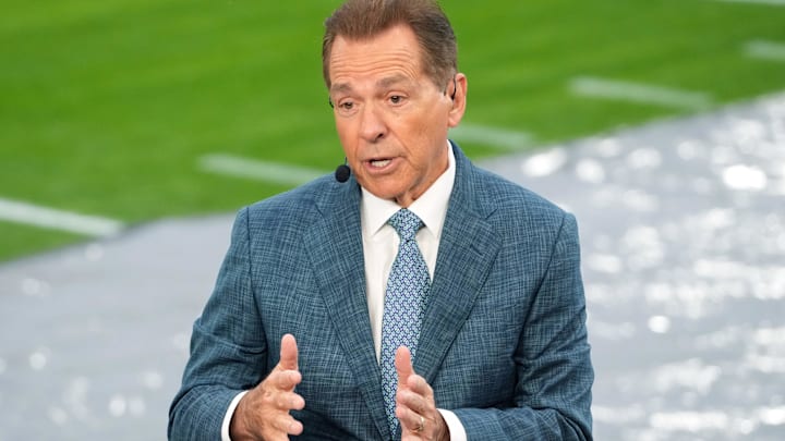Jan 1, 2026; Pasadena, CA, USA; Nick Saban on the ESPN College Gameday set during the 2026 Rose Bowl and quarterfinal game of the College Football Playoff at Rose Bowl Stadium. Mandatory Credit: Kirby Lee-Imagn Images