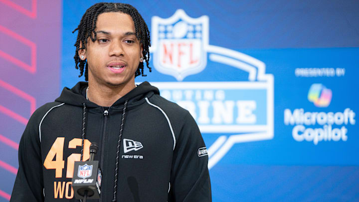Feb 27, 2026; Indianapolis, IN, USA; Mississippi wideout Harrison Wallace III (WO42) speaks to members of the media during the NFL Combine at the Indiana Convention Center. Mandatory Credit: Jacob Musselman-Imagn Images