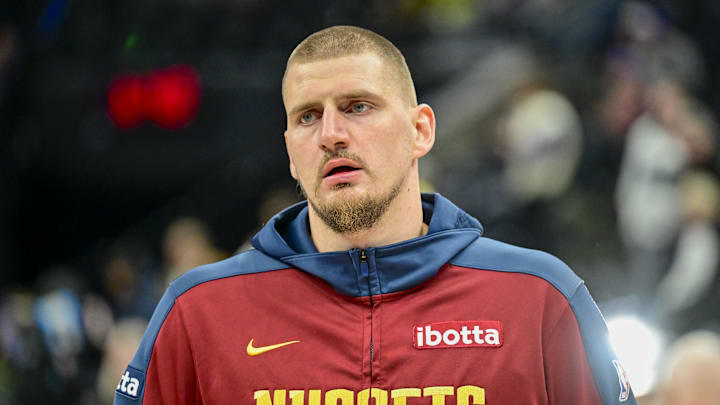 Nov 27, 2024; Salt Lake City, Utah, USA; Denver Nuggets center Nikola Jokic (15) warming up against the Utah Jazz before the game at the Delta Center. Mandatory Credit: Christopher Creveling-Imagn Images