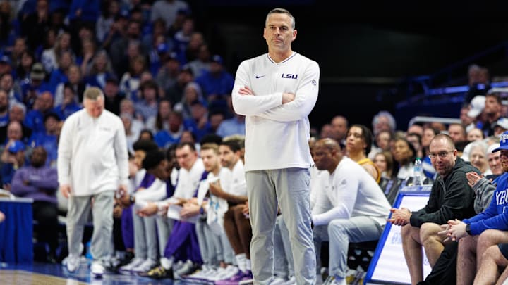 Mar 4, 2025; Lexington, Kentucky, USA; LSU Tigers head coach Matt McMahon looks on during the first half against the Kentucky Wildcats at Rupp Arena at Central Bank Center. Mandatory Credit: Jordan Prather-Imagn Images Mar 4, 2025; Lexington, Kentucky, USA; LSU Tigers head coach Matt McMahon looks on during the first half against the Kentucky Wildcats at Rupp Arena at Central Bank Center. Mandatory Credit: Jordan Prather-Imagn Images