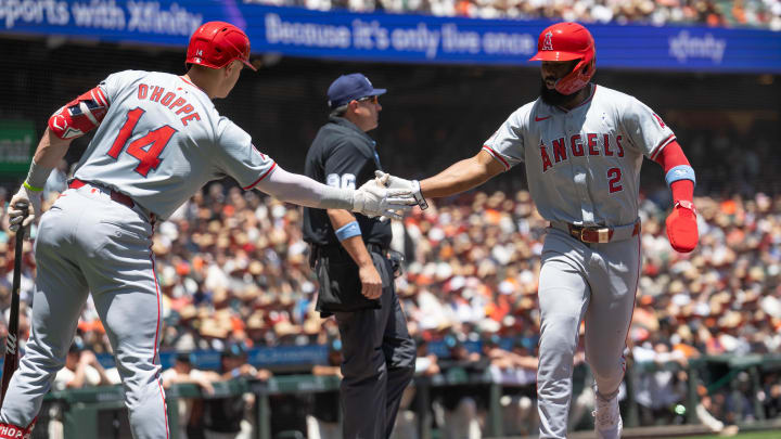 Jun 16, 2024; San Francisco, California, USA;  Los Angeles Angels third base Luis Rengifo (2) celebrates with catcher Logan O'Hoppe (14) during the first inning against the San Francisco Giants at Oracle Park. Mandatory Credit: Stan Szeto-USA TODAY Sports