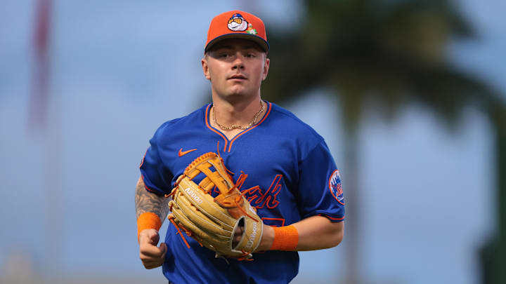 Mar 13, 2026; West Palm Beach, Florida, USA; New York Mets left fielder A.J. Ewing (97) returns to the dugout against the Washington Nationals during the second inning at CACTI Park of the Palm Beaches. Mandatory Credit: Sam Navarro-Imagn Images Mar 13, 2026; West Palm Beach, Florida, USA; New York Mets left fielder A.J. Ewing (97) returns to the dugout against the Washington Nationals during the second inning at CACTI Park of the Palm Beaches. Mandatory Credit: Sam Navarro-Imagn Images