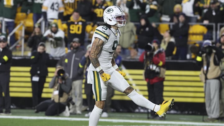 Oct 26, 2025; Pittsburgh, Pennsylvania, USA; Green Bay Packers wide receiver Christian Watson (9) reacts during the third quarter against the Pittsburgh Steelers at Acrisure Stadium. Mandatory Credit: Charles LeClaire-Imagn Images