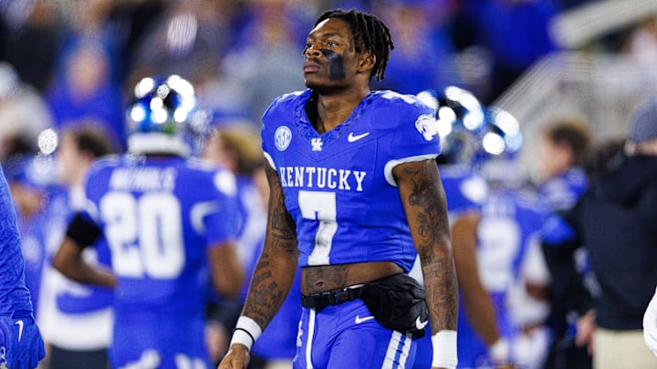 Oct 26, 2024; Lexington, Kentucky, USA; Kentucky Wildcats wide receiver Barion Brown (7) walks onto the field before the game against the Auburn Tigers at Kroger Field. Mandatory Credit: Jordan Prather-Imagn Images