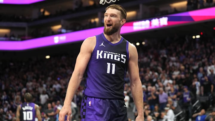 Apr 11, 2025; Sacramento, California, USA; Sacramento Kings forward Domantas Sabonis (11) during the fourth quarter against the Los Angeles Clippers at Golden 1 Center. Mandatory Credit: Darren Yamashita-Imagn Images