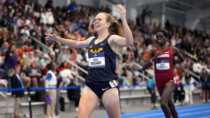 Mar 15, 2025; Virginia Beach, VA, USA; Ceili McCabe of West Virginia wins the women's 3,000m in 9:01.12 during the NCAA Indoor Championships at Virginia Beach Sports Center. Mandatory Credit: Kirby Lee-Imagn Images