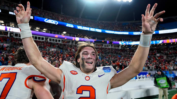Dec 7, 2024; Charlotte, NC, USA; Clemson Tigers quarterback Cade Klubnik (2) celebrates after defeating the Southern Methodist Mustangs in the 2024 ACC Championship game at Bank of America Stadium. 
