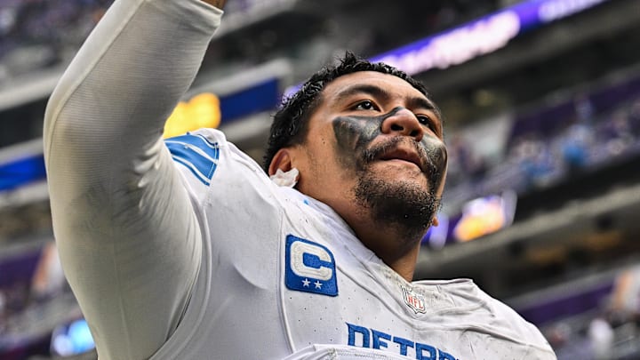 Oct 20, 2024; Minneapolis, Minnesota, USA; Detroit Lions offensive tackle Penei Sewell (58) walks off the field after the game against the Minnesota Vikings at U.S. Bank Stadium. Mandatory Credit: Jeffrey Becker-Imagn Images