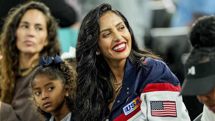 Aug 9, 2024; Paris, France; Vanessa Bryant and her family watch a women's basketball semifinal game during the Paris 2024 Olympic Summer Games at Accor Arena. Mandatory Credit: Kyle Terada-Imagn Images