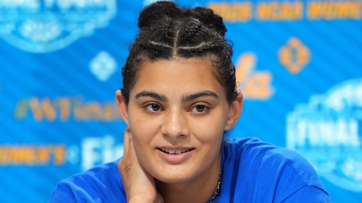 Apr 4, 2026; Phoenix, AZ, USA; UCLA Bruins player Lauren Betts speaks to media during a Final Four National Championship press conference at Mortgage Matchup Center.