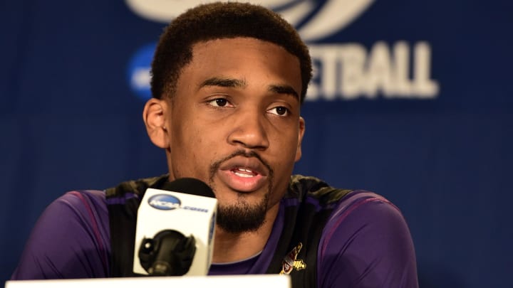 Mar 20, 2014; St. Louis, MO, USA; Kansas State Wildcats guard Shane Southwell (1) addresses the media at a press conference during their practice session prior to the 2nd round of the 2014 NCAA Men's Basketball Championship at Scottrade Center. Mandatory Credit: Scott Rovak-USA TODAY Sports