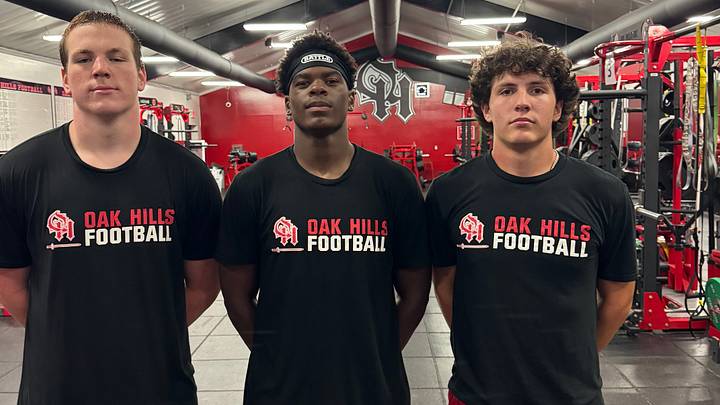 Highlander trio Tyler Newman (left), Cordell Ball (center) and Lincoln Schreiber (right) will lead the Oak Hills offense in 2026. Highlander trio Tyler Newman (left), Cordell Ball (center) and Lincoln Schreiber (right) will lead the Oak Hills offense in 2026.