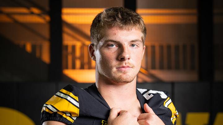 Iowa linebacker Cam Buffington (33) stands for a portrait during Hawkeye football media day, Friday, Aug. 14, 2026, in Iowa City. Iowa linebacker Cam Buffington (33) stands for a portrait during Hawkeye football media day, Friday, Aug. 14, 2026, in Iowa City.