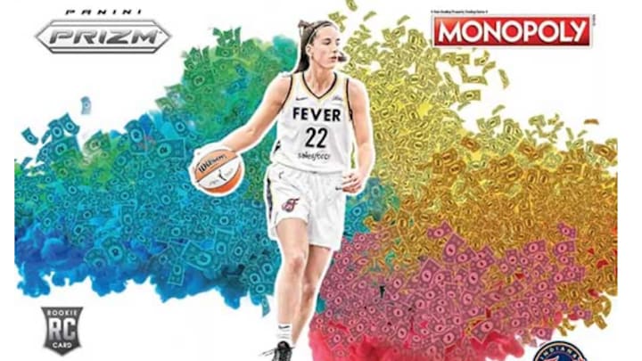 Caitlin Clark rookies are featured in Prizm Monopoly WNBA boxes. 