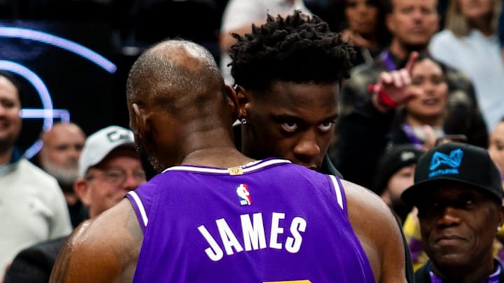 LeBron James and AJ Dybansta after the Lakers take down the Utah Jazz in the Delta Center