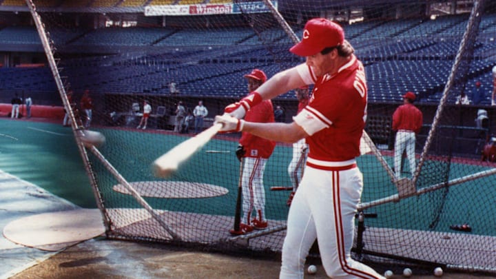 OCTOBER 14, 1990: Paul O'Neill, Reds outfielder, connects for a line drive.

1990 Cincy Reds 18