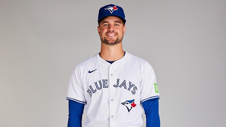 Feb 23, 2024; Dunedin, FL, USA; Toronto Blue Jays infielder Damiano Palmegiani poses during Photo Day at TD Ballpark. Mandatory Credit: Aaron Cobb/Toronto Blue Jays via Imagn Images
