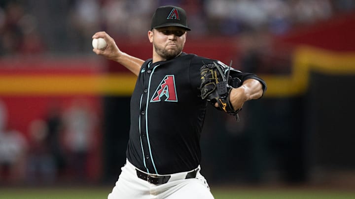 Arizona Diamondbacks pitcher Slade Cecconi (43) delivers a pitch on July 10, 2024 at Chase Field in Phoenix. Arizona Diamondbacks pitcher Slade Cecconi (43) delivers a pitch on July 10, 2024 at Chase Field in Phoenix.