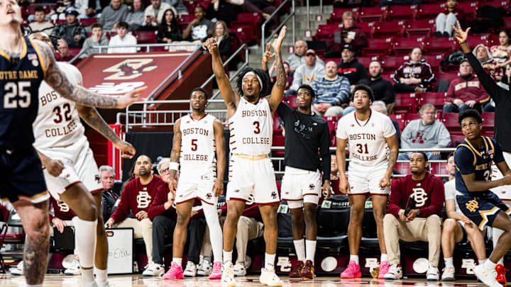 Boston College's Roger McFarlane watches his three-point shot attempt Wednesday against Notre Dame.