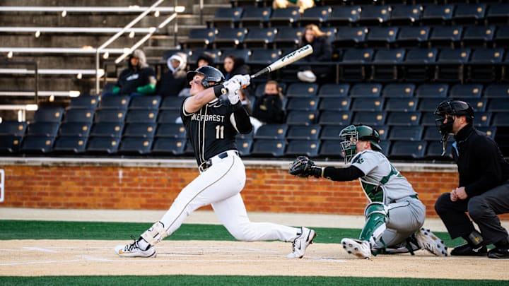 Wake Forest's Luke Costello hits a home run against the Siena Saints, February 22, 2026. Wake Forest's Luke Costello hits a home run against the Siena Saints, February 22, 2026.