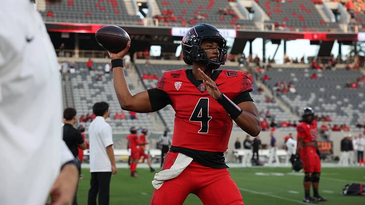 San Diego State Aztecs quarterback Jayden Denegal (4). San Diego State Aztecs quarterback Jayden Denegal (4).