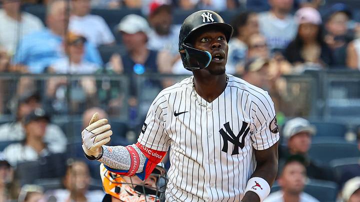 Aug 23, 2026; Bronx, New York, USA; New York Yankees second baseman Jazz Chisholm Jr. (13) hits a two run home run during the seventh inning against the Toronto Blue Jays at Yankee Stadium. Mandatory Credit: Vincent Carchietta-Imagn Images