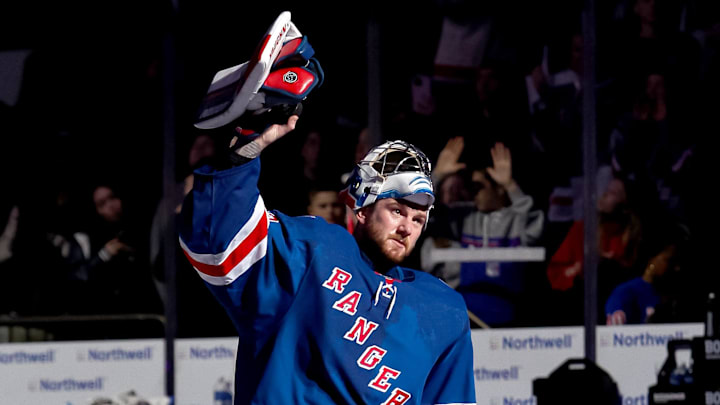 Apr 4, 2026; New York, New York, USA; New York Rangers goalie Jonathan Quick (32) waves to fans after a 4-1 win against the Detroit Red Wings at Madison Square Garden. Mandatory Credit: Danny Wild-Imagn Images