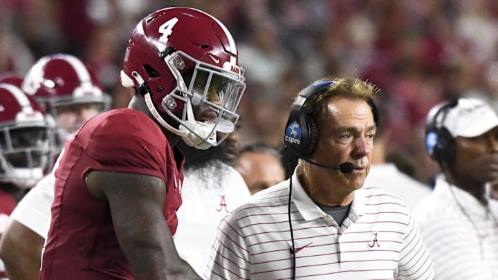 Sep 2, 2023; Tuscaloosa, Alabama, USA;  Alabama Crimson Tide quarterback Jalen Milroe (4) shakes