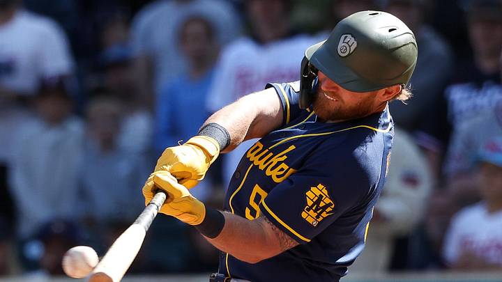 May 17, 2026; Minneapolis, Minnesota, USA; Milwaukee Brewers first baseman Jake Bauers (9) hits an RBI single against the Minnesota Twins during the ninth inning at Target Field. Mandatory Credit: Matt Krohn-Imagn Images May 17, 2026; Minneapolis, Minnesota, USA; Milwaukee Brewers first baseman Jake Bauers (9) hits an RBI single against the Minnesota Twins during the ninth inning at Target Field. Mandatory Credit: Matt Krohn-Imagn Images