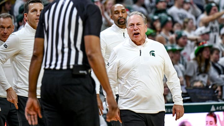 Michigan State's head coach Tom Izzo argues a call on a Duke three pointer during the second half on Saturday, Dec. 6, 2025, at the Breslin Center in East Lansing.