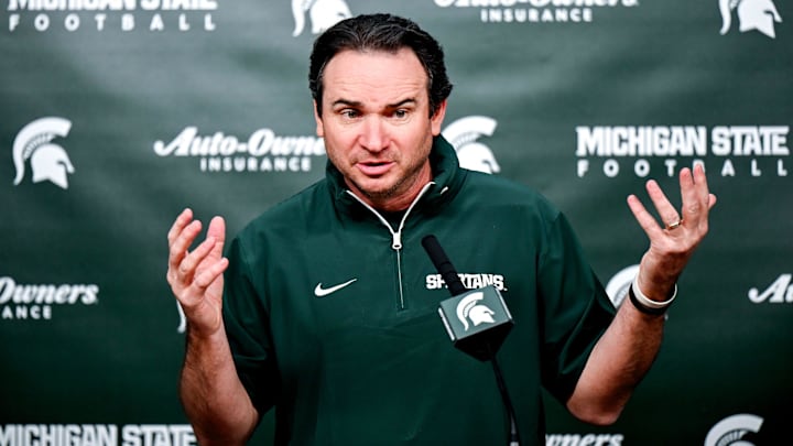 Michigan State coach Jonathan Smith talks the media on the first national signing day for college football recruits Wednesday, Dec. 4, 2024, at Spartan Stadium in East Lansing.
