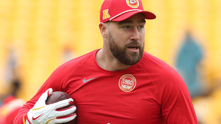 Dec 25, 2024; Pittsburgh, Pennsylvania, USA; Kansas City Chiefs tight end Travis Kelce (87) warms up before the game against the Pittsburgh Steelers at Acrisure Stadium. Mandatory Credit: Charles LeClaire-Imagn Images