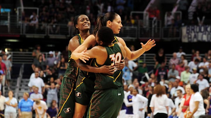 Sep 5, 2010; Phoenix, AZ, USA; Seattle Storm guard Sue Bird is congratulated by teammates after making the winning basket in game two of the western conference finals in the 2010 WNBA Playoffs at US Airways Center. The Storm defeated the Mercury 91-88. Mandatory Credit: Jennifer Stewart-Imagn Images Sep 5, 2010; Phoenix, AZ, USA; Seattle Storm guard Sue Bird is congratulated by teammates after making the winning basket in game two of the western conference finals in the 2010 WNBA Playoffs at US Airways Center. The Storm defeated the Mercury 91-88. Mandatory Credit: Jennifer Stewart-Imagn Images