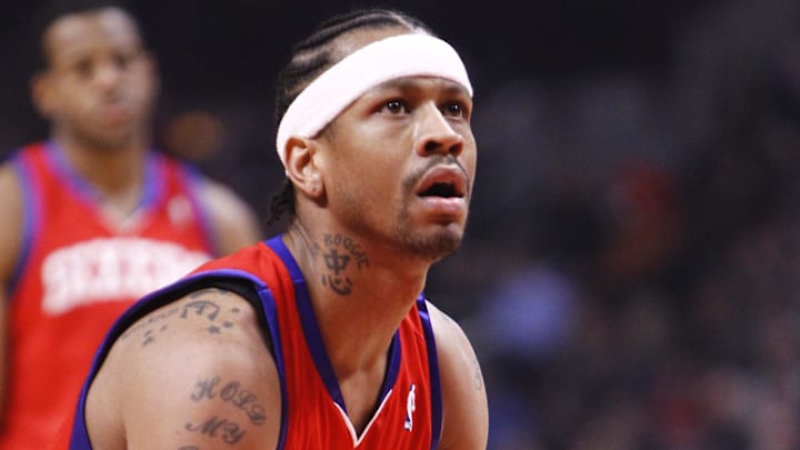 Feb 20, 2010; Chicago, IL, USA; Philadelphia 76ers guard Allen Iverson (3) shoots a free throw during the first half at the United Center. 