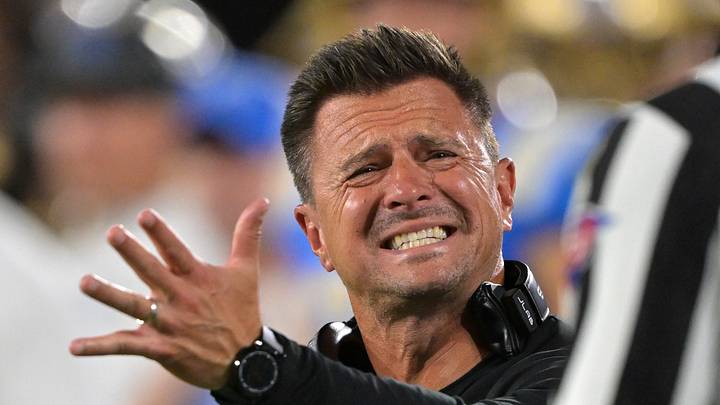 Oct 17, 2026; Pasadena, California, USA;  UCLA Bruins head coach Bob Chesney on the sidelines in the second half against the Wisconsin Badgers at the Rose Bowl. Mandatory Credit: Jayne Kamin-Oncea-Imagn Images