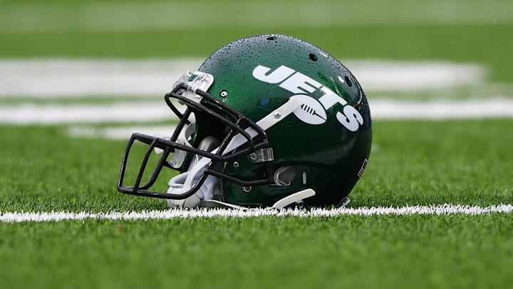 Dec 29, 2019; Orchard Park, New York, USA; General view of a New York Jets helmet prior to the game against the Buffalo Bills at New Era Field. Mandatory Credit: Rich Barnes-Imagn Images