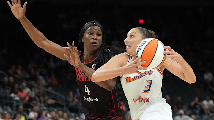 Jun 29, 2022; Phoenix, Arizona, USA; Phoenix Mercury guard Diana Taurasi (3) drives against Indiana Fever center Queen Egbo (4) during the first half at Footprint Center. Mandatory Credit: Joe Camporeale-Imagn Images