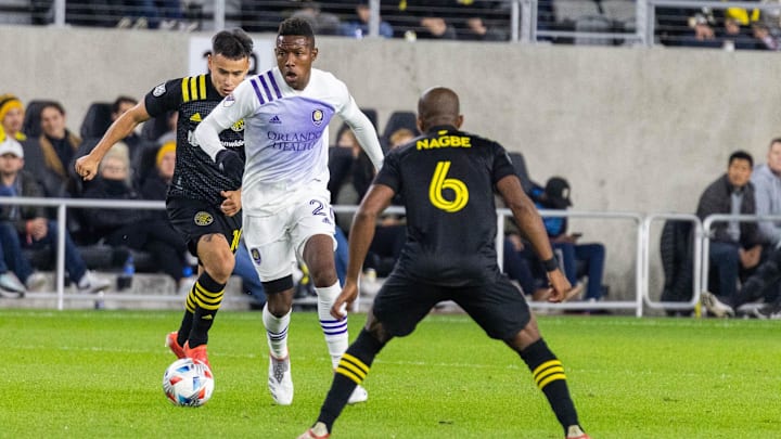 Oct 27, 2021; Columbus, Ohio, USA; Orlando City midfielder Andres Perea (21) dribbles the ball while