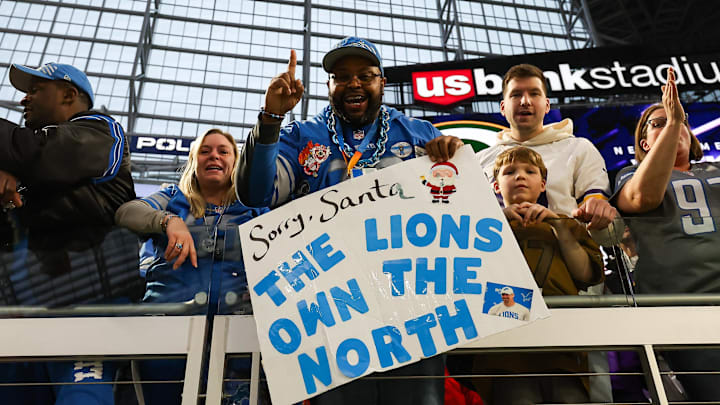 Dec 24, 2023; Minneapolis, Minnesota, USA; Detroit Lions fans celebrate the win against the Minnesota Vikings after the game at U.S. Bank Stadium. With the win the Detroit Lions clinched the NFC North. Mandatory Credit: Matt Krohn-Imagn Images Dec 24, 2023; Minneapolis, Minnesota, USA; Detroit Lions fans celebrate the win against the Minnesota Vikings after the game at U.S. Bank Stadium. With the win the Detroit Lions clinched the NFC North. Mandatory Credit: Matt Krohn-Imagn Images